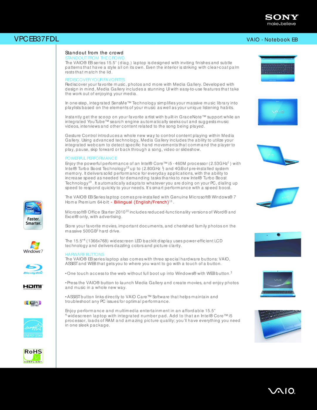 Sony VPCEB37FDL manual Standout from the Crowd, Rediscover Your Favorites, Powerful Performance, Harware Buttons 