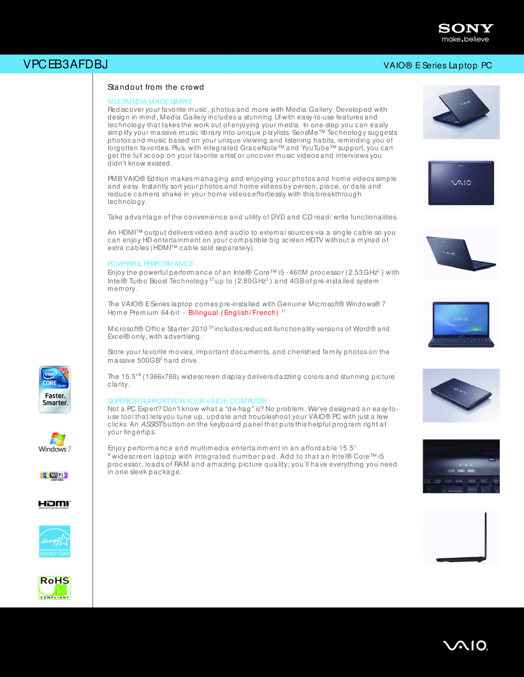 Sony VPCEB3AFDBJ manual Multimedia Made Simple, Powerful Performance, Superior Support for Your Vaio Computer 