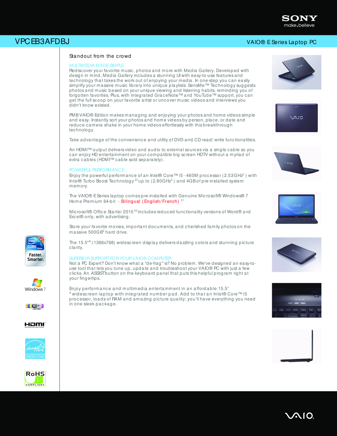 Sony VPCEB3AFDBJ manual VAIO E Series Laptop PC, Standout from the crowd, Multimedia Made Simple, Powerful Performance 