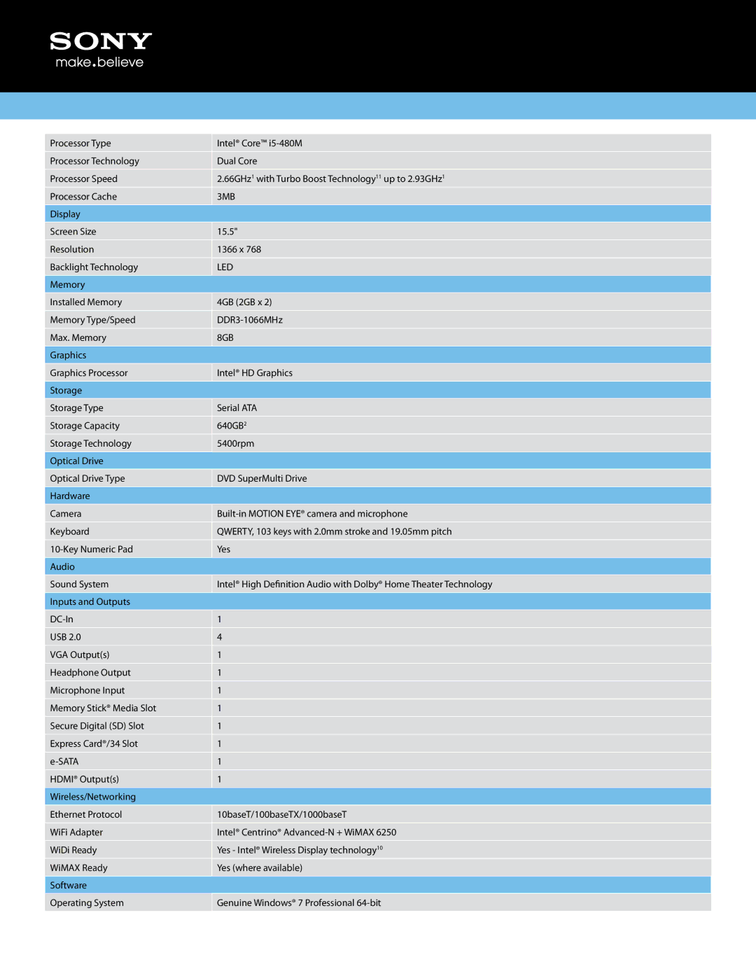 Sony VPCEB47GM/BJ manual 3MB, Led, 8GB 