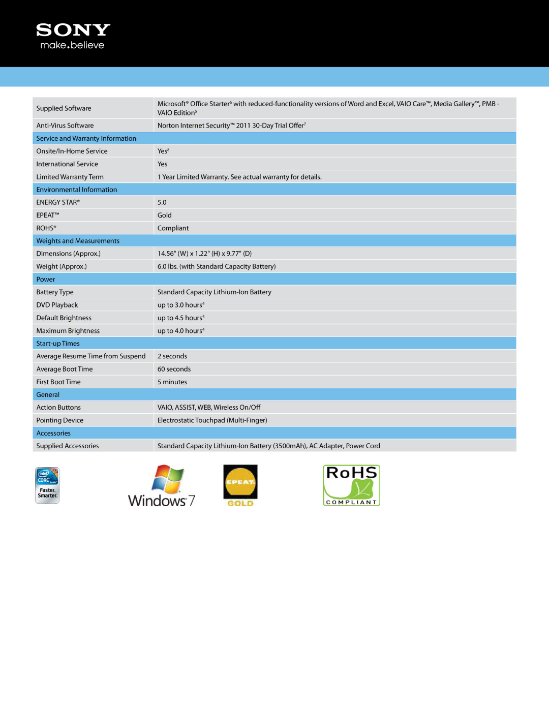 Sony VPCEB47GM/BJ manual Energy Star Epeat, Rohs 