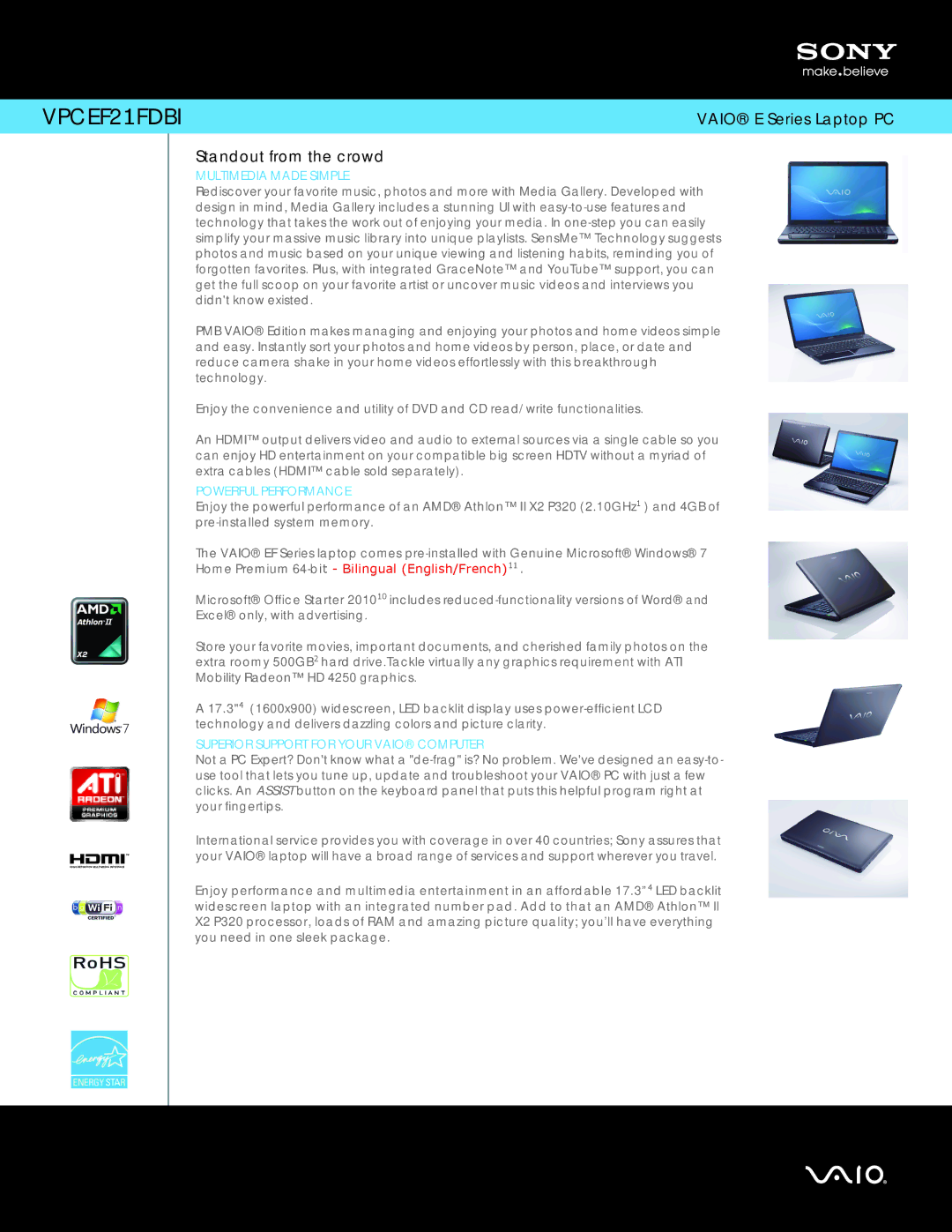 Sony VPCEF21FDBI manual Vaio E Series Laptop PC Standout from the crowd, Multimedia Made Simple, Powerful Performance 