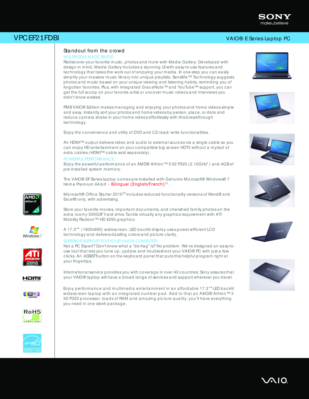 Sony VPCEF21FDBI manual VAIO E Series Laptop PC, Standout from the crowd, Multimedia Made Simple, Powerful Performance 