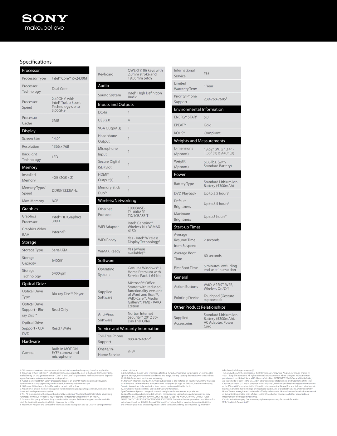 Sony VPCEG27FM/W manual Specifications 