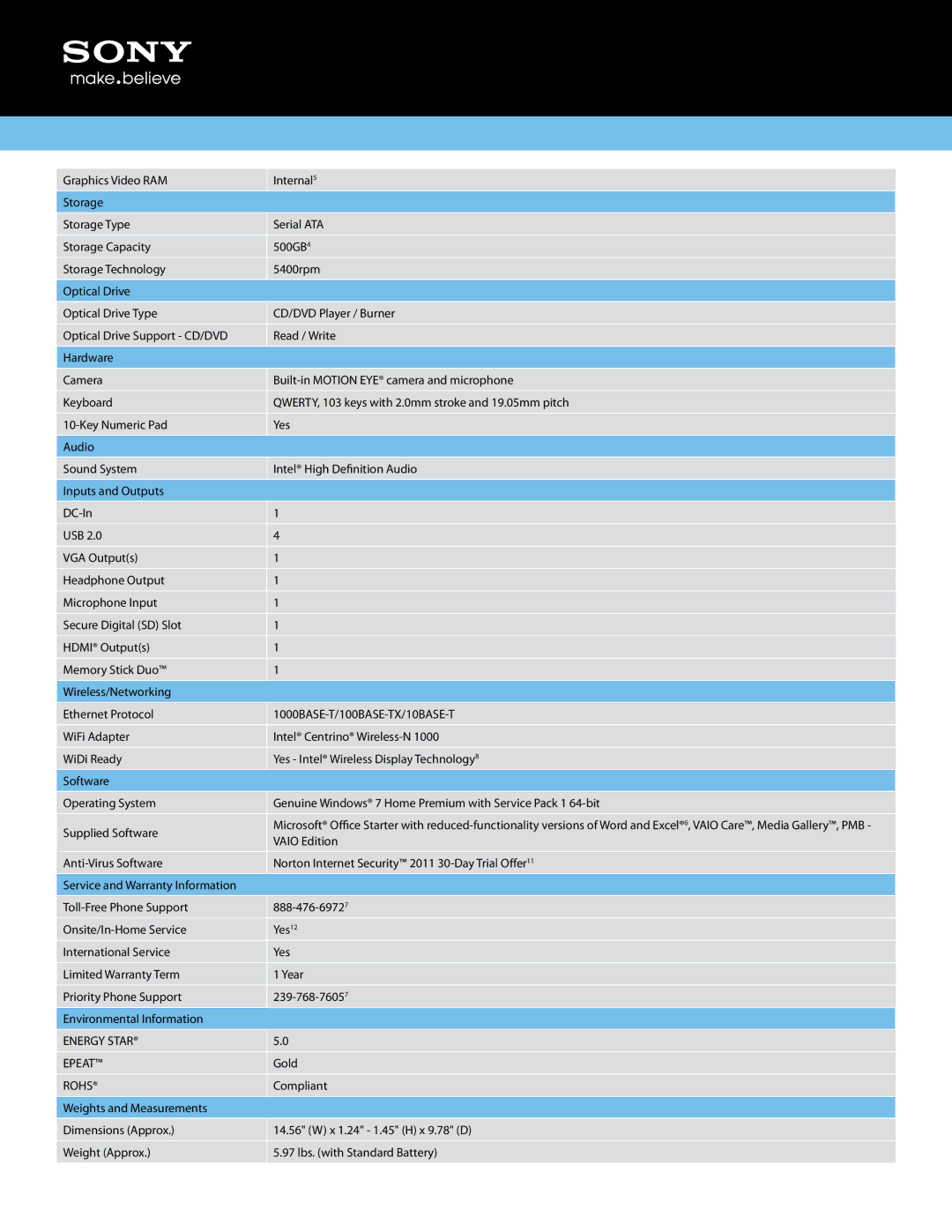 Sony VPCEH15FX/B manual 1000BASE-T/100BASE-TX/10BASE-T, Energy Star Epeat, Rohs 