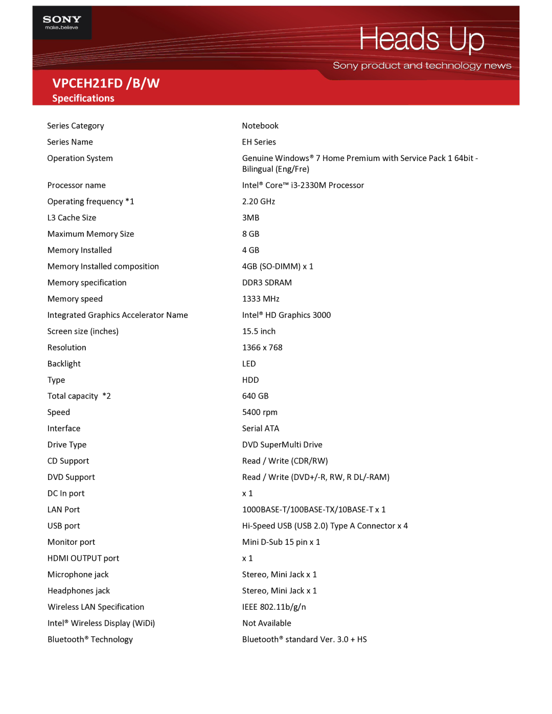 Sony VPCEH21FD specifications 3MB, DDR3 Sdram, Led, Hdd 