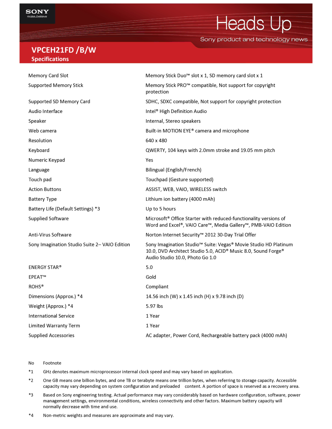 Sony VPCEH21FD specifications Energy Star Epeat, Rohs 