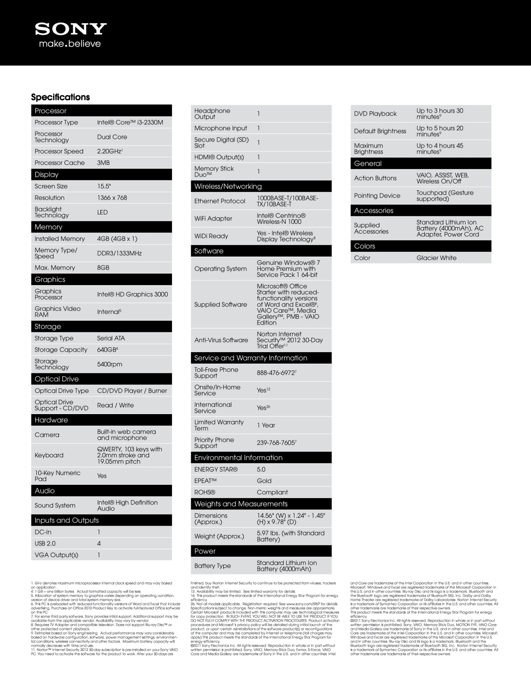 Sony VPCEH24FX/W manual Specifications 