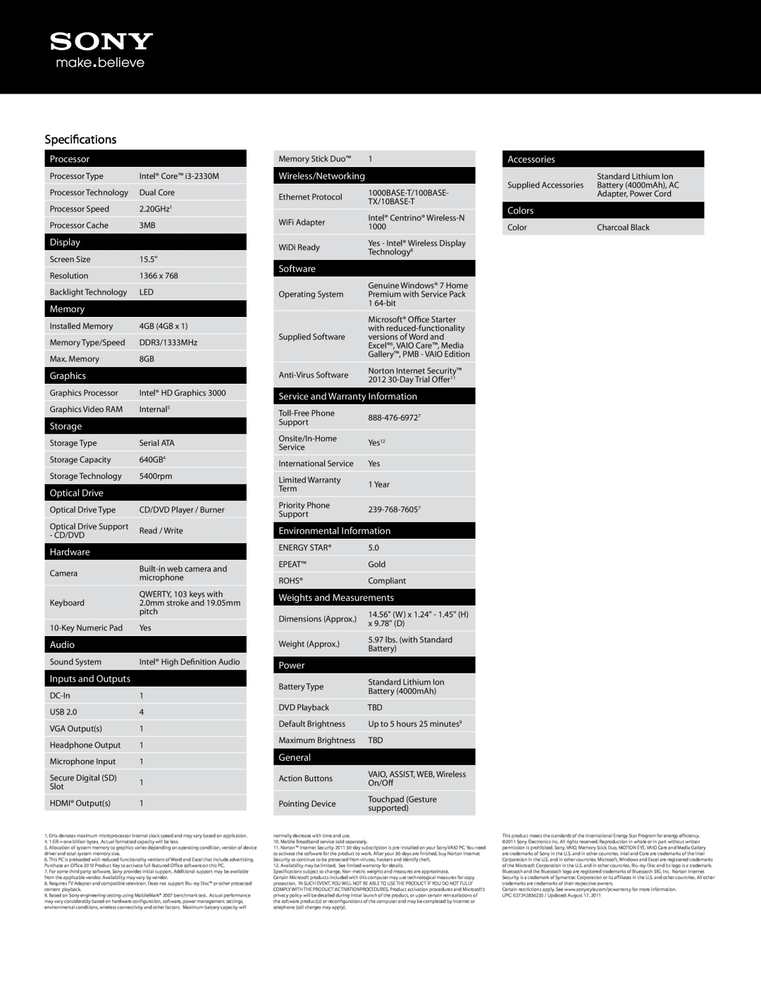 Sony VPCEH25FM/B manual Specifications 