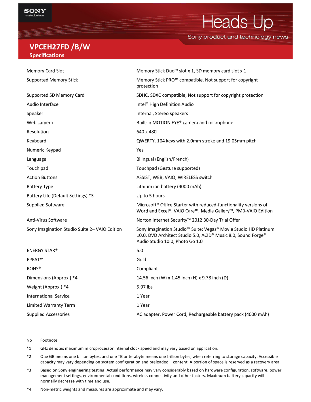 Sony VPCEH27FD /B/W specifications Energy Star Epeat, Rohs 