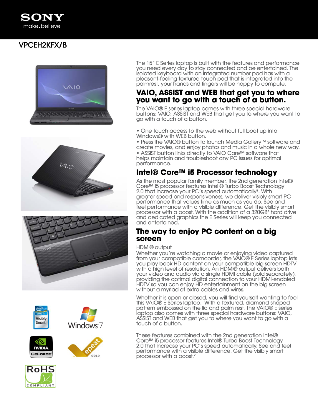 Sony VPCEH2KFX/B manual Intel Core i5 Processor technology, The way to enjoy PC content on a big screen 