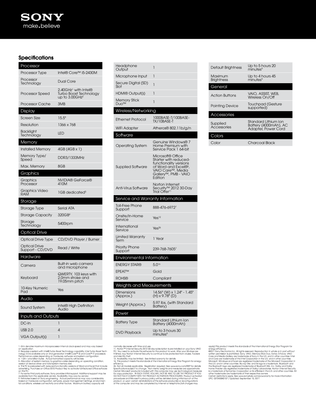Sony VPCEH2KFX/B manual Specifications 