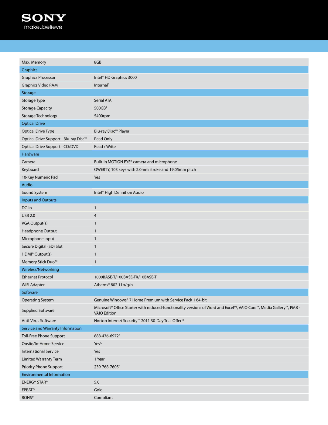 Sony VPCEJ1AFX/B manual 8GB, 1000BASE-T/100BASE-TX/10BASE-T, Energy Star Epeat, Rohs 