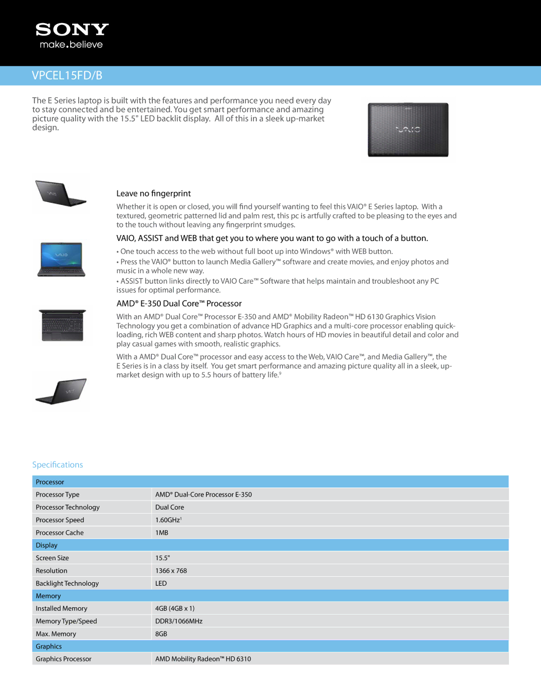 Sony VPCEL15FD/B manual Leave no fingerprint, AMD E-350 Dual Core Processor, Specifications 