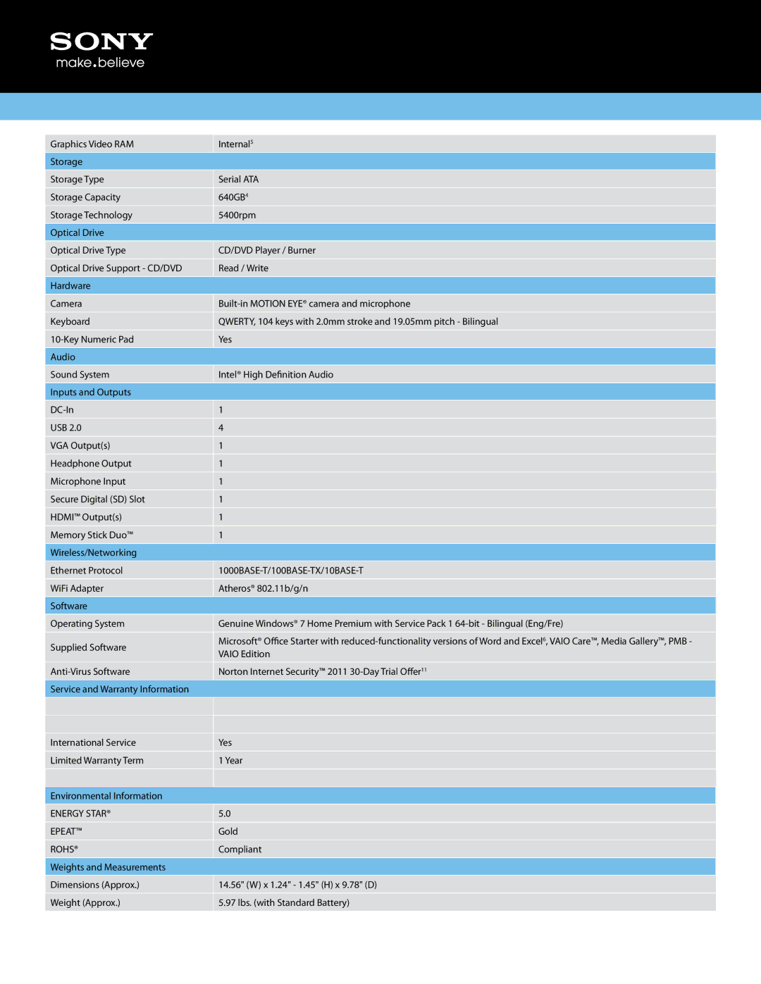 Sony VPCEL15FD/B manual 1000BASE-T/100BASE-TX/10BASE-T, Energy Star Epeat, Rohs 