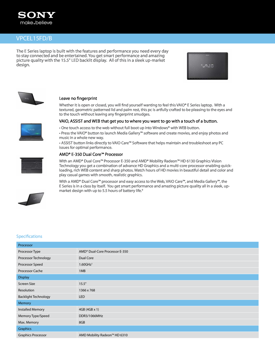 Sony VPCEL15FD/B manual Leave no fingerprint, AMD E-350 Dual Core Processor, Specifications 
