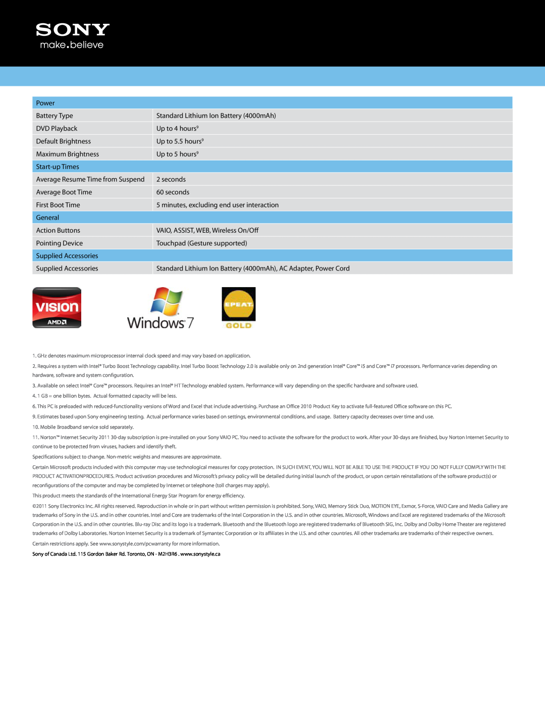 Sony VPCEL15FD/B manual Standard Lithium Ion Battery 4000mAh, AC Adapter, Power Cord 
