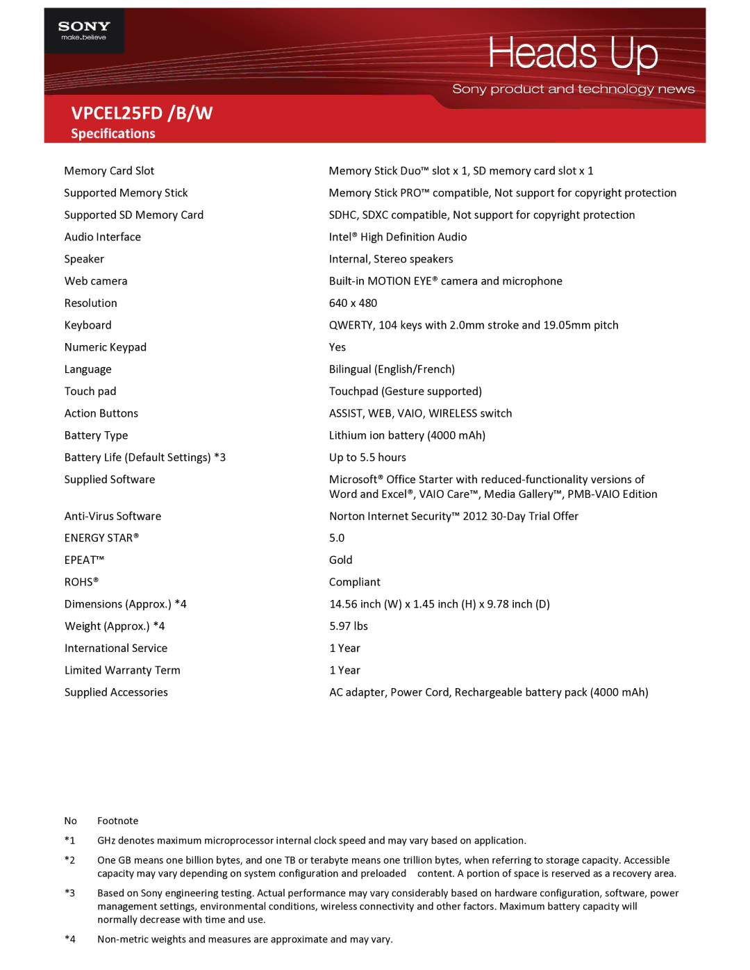 Sony VPCEL25FD /B/W specifications Energy Star Epeat, Rohs 