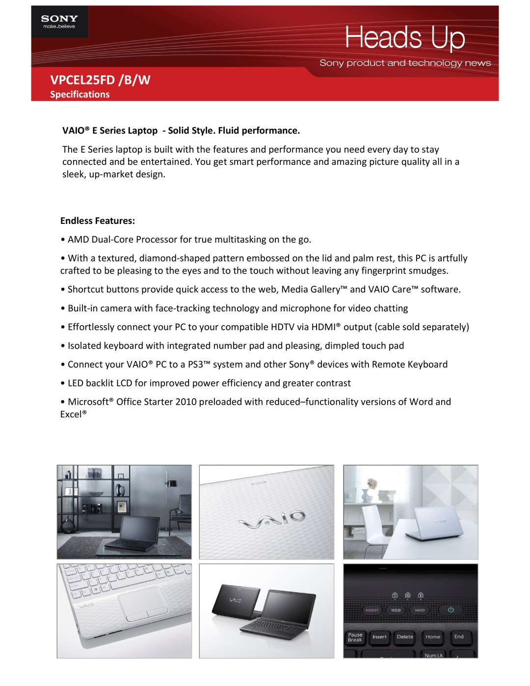 Sony VPCEL25FD /B/W specifications Specifications, VAIO E Series Laptop ‐ Solid Style. Fluid performance, Endless Features 
