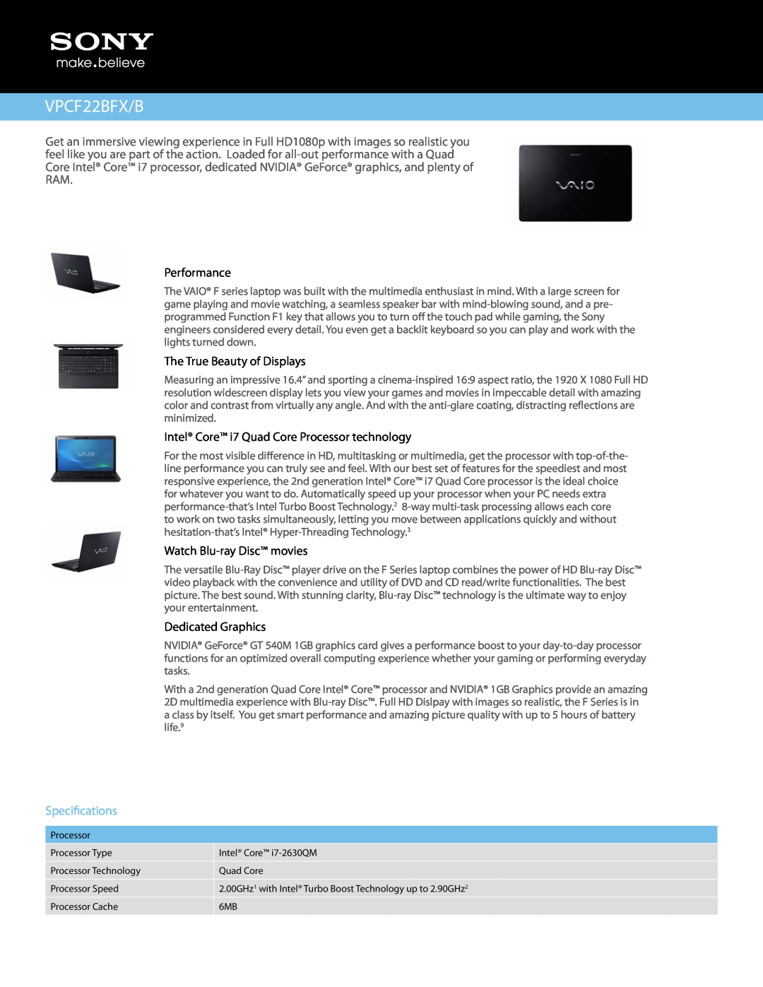 Sony VPCF22BFX/B manual Performance, The True Beauty of Displays, Intel Core i7 Quad Core Processor technology 