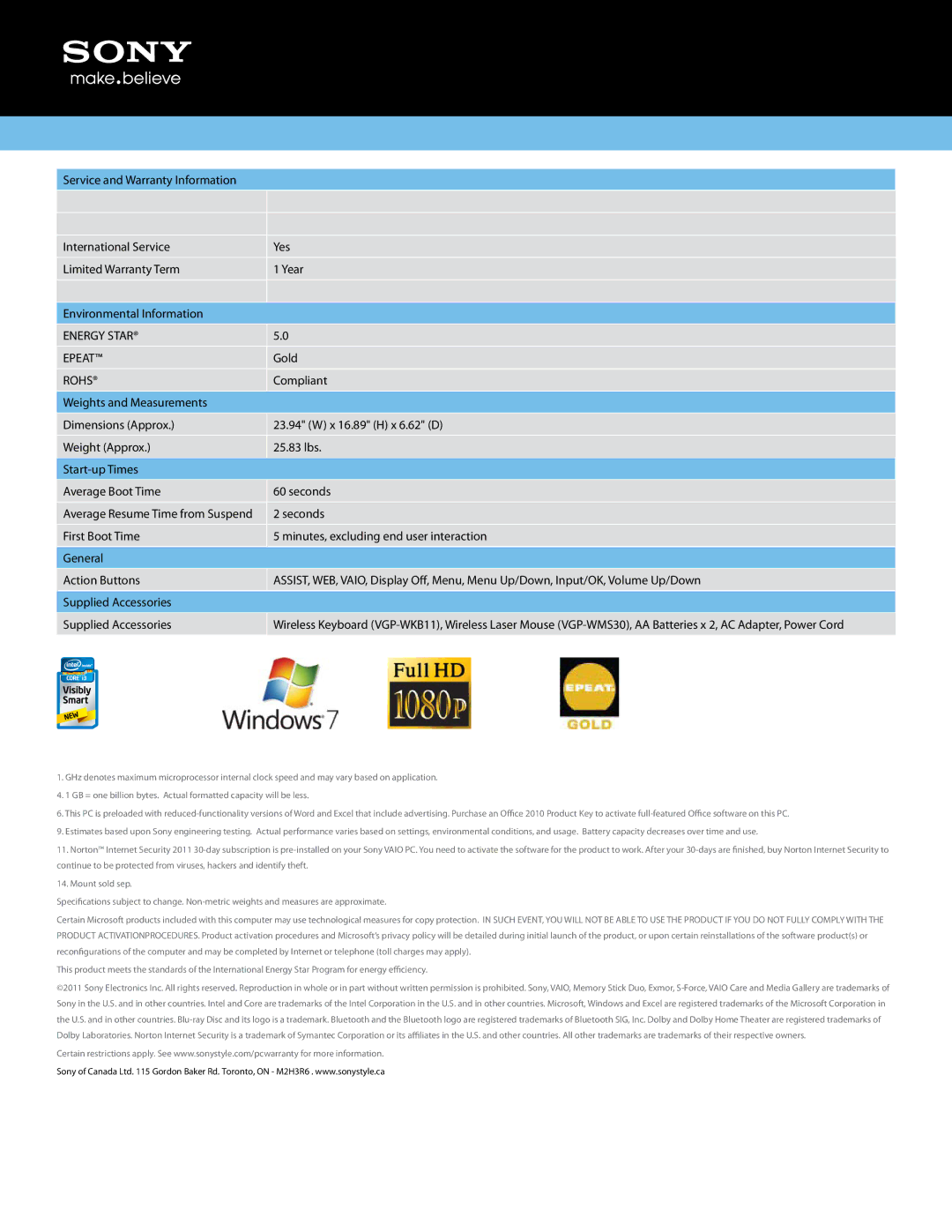 Sony VPCL224FD/B manual Energy Star Epeat, Rohs 