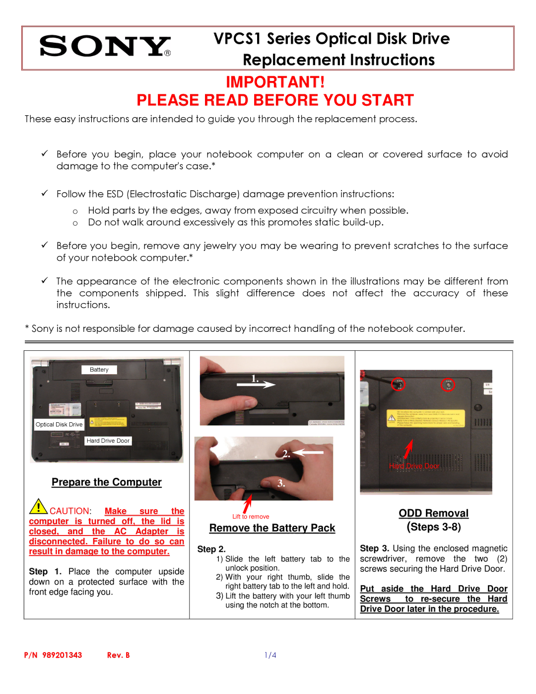 Sony VPCS1 manual Prepare the Computer, Remove the Battery Pack, ODD Removal Steps 