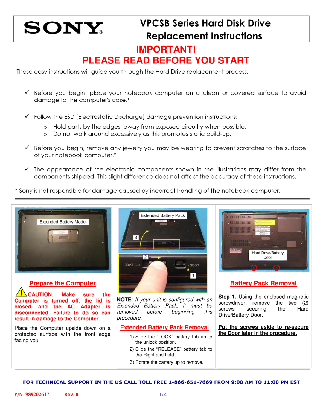 Sony VPCSB manual Prepare the Computer, Battery Pack Removal 