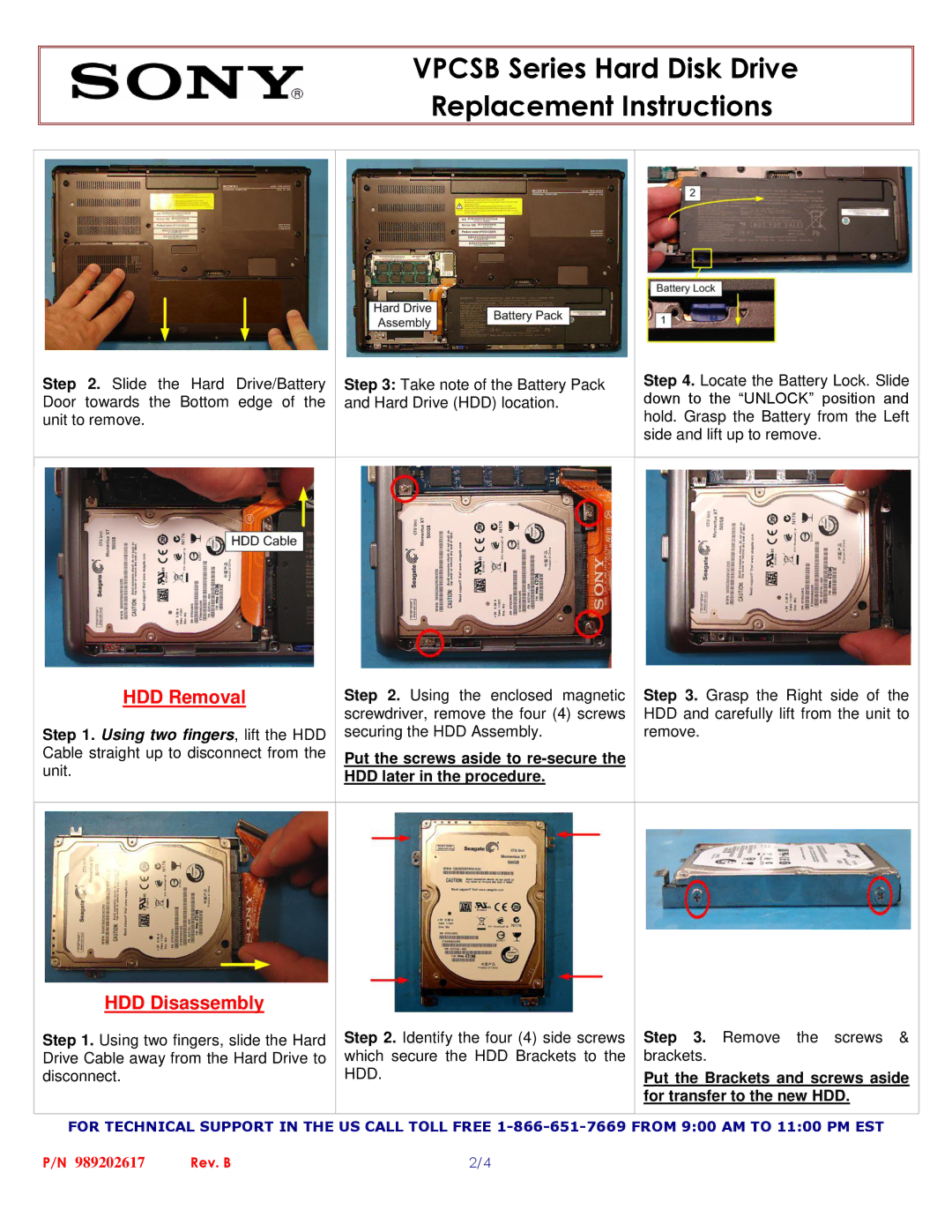 Sony VPCSB manual HDD Removal, HDD Disassembly 