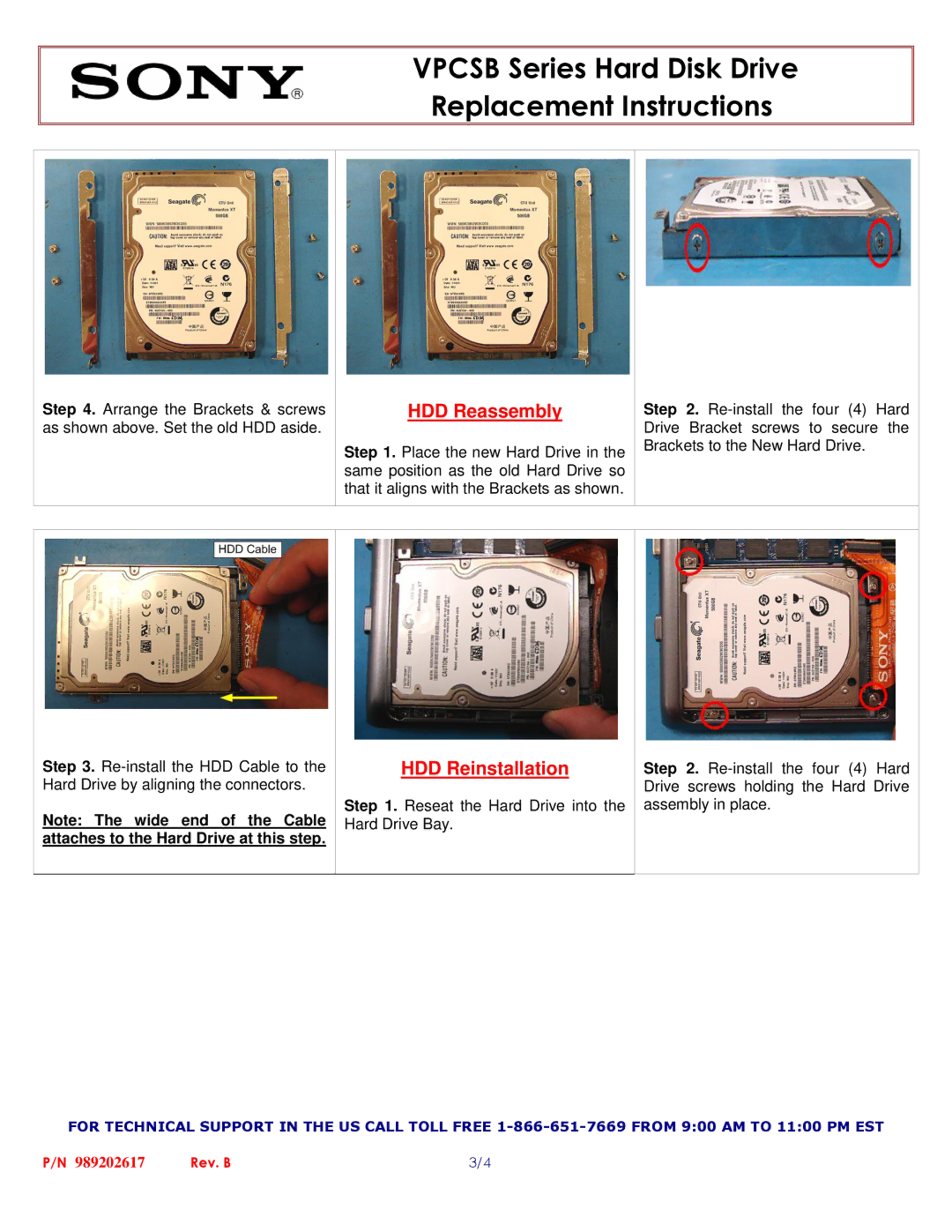 Sony VPCSB manual HDD Reassembly, HDD Reinstallation 