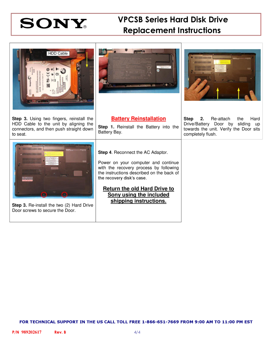 Sony VPCSB manual Battery Reinstallation, Shipping instructions 