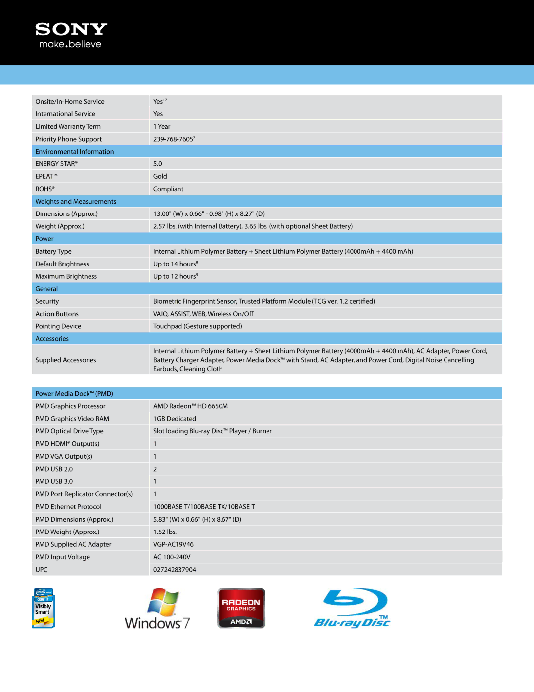 Sony VPCZ21SHX/X manual Energy Star Epeat, Rohs, Pmd Usb, Upc 