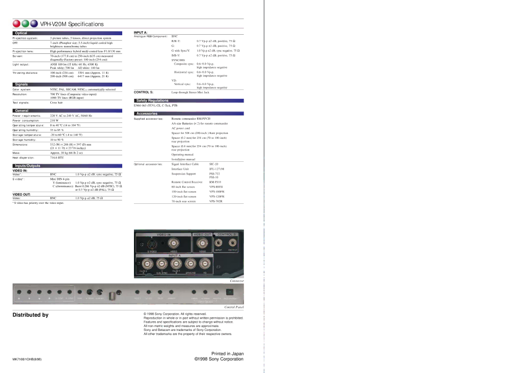 Sony specifications VPH-V20M Specifications, Optical 