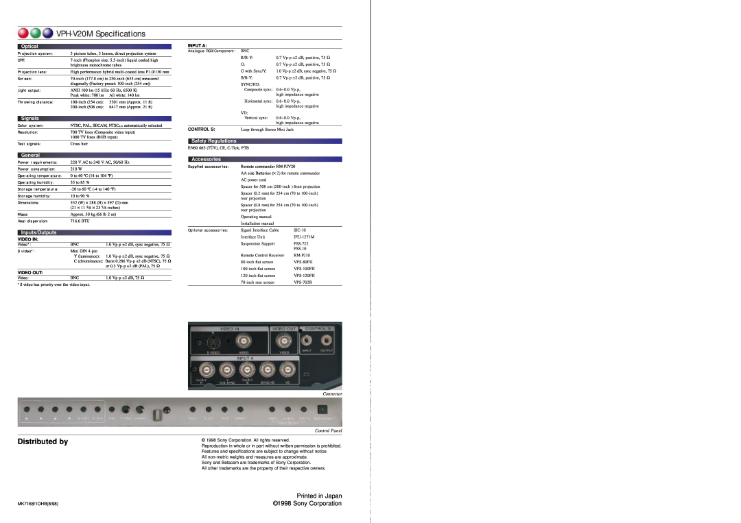 Sony VPH-V20M Specifications, Distributed by, Printed in Japan, Sony Corporation, SafetyRegulations, Accessories 