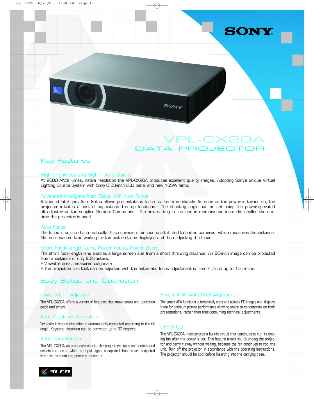 Sony VPL-CX20A manual DATA PROJECTOR Key Features, Easy Setup and Operation, High Brightness and High Picture Quality 