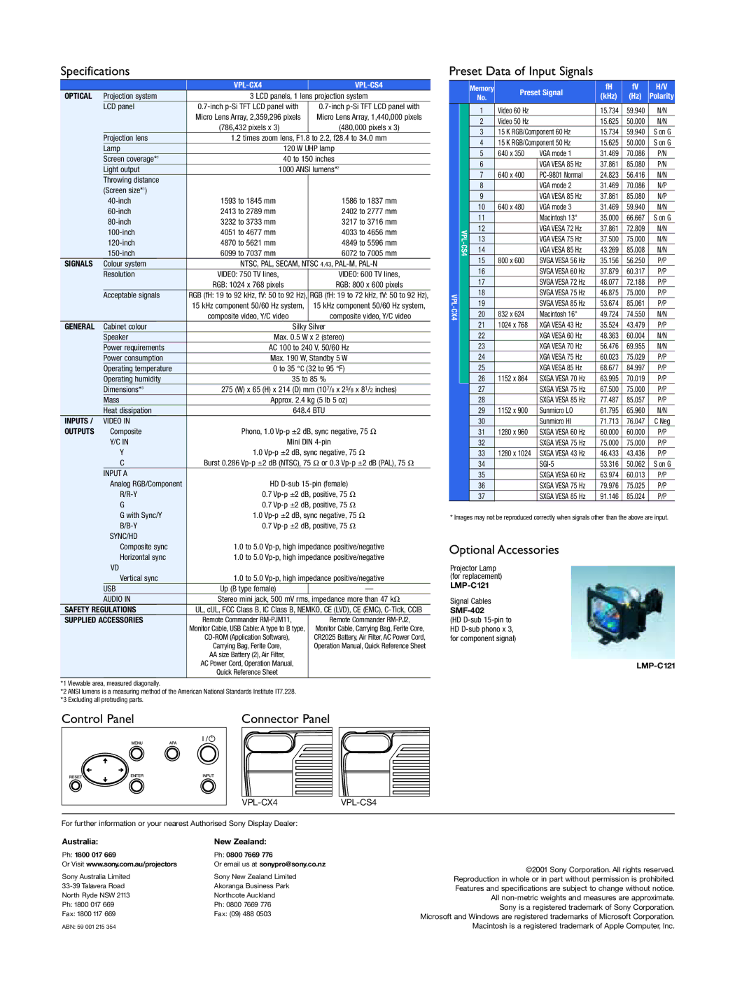 Sony VPL-CX4/CS4 brochure Specifications, Preset Data of Input Signals, Optional Accessories, Control Panel 