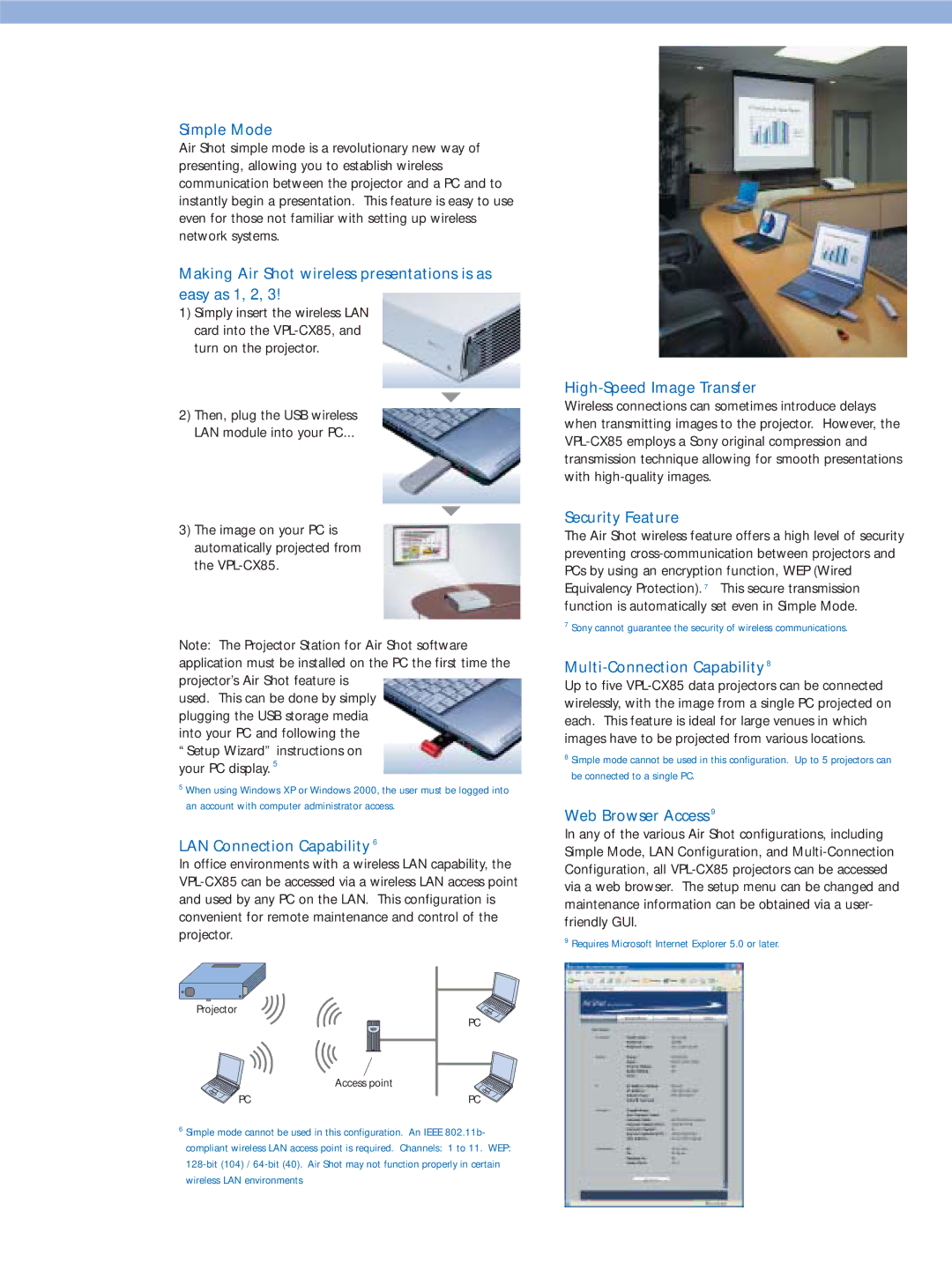 Sony VPL-CX85 manual Simple Mode, Making Air Shot wireless presentations is as easy as 1, 2, LAN Connection Capability 