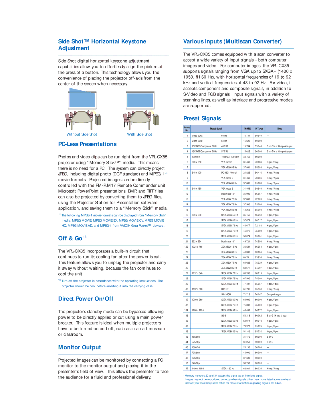 Sony VPL-CX85 manual Side Shot Horizontal Keystone Adjustment, PC-Less Presentations, Off & Go, Direct Power On/Off 