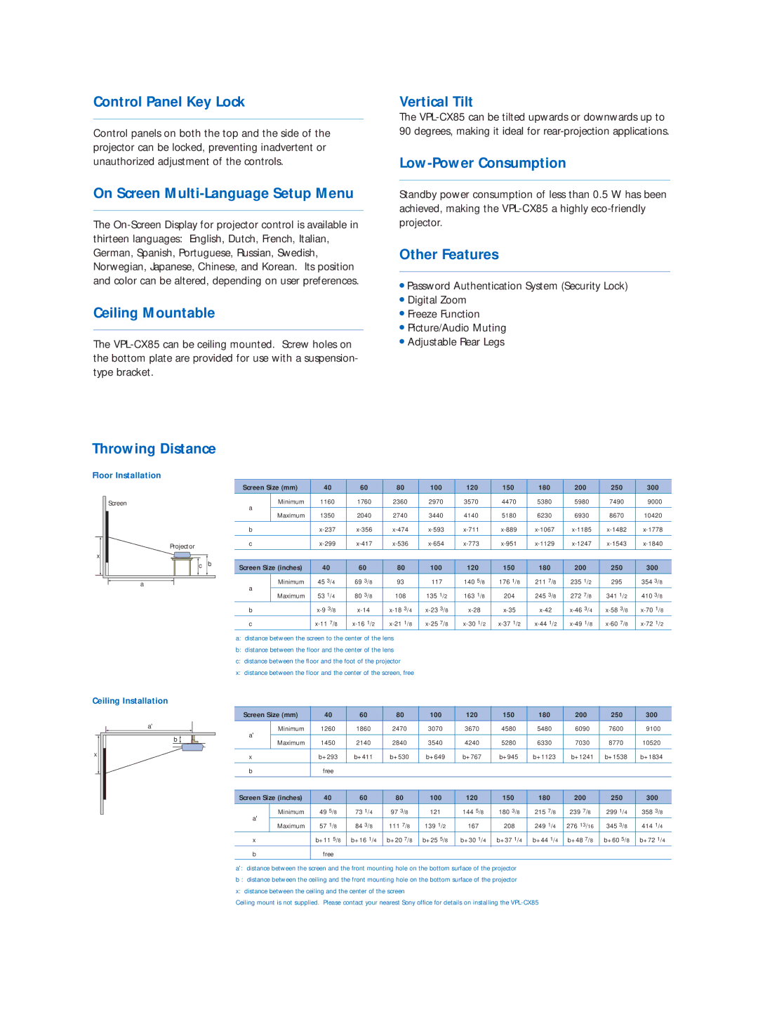 Sony VPL-CX85 manual Control Panel Key Lock, On Screen Multi-Language Setup Menu, Ceiling Mountable, Vertical Tilt 