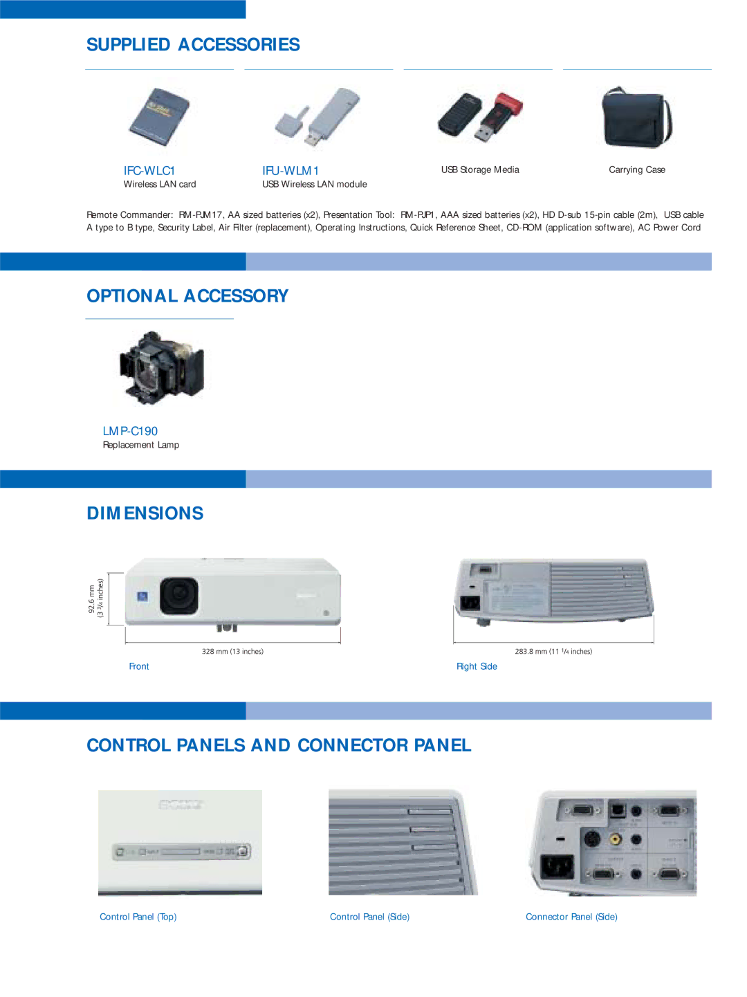 Sony VPL-CX85 manual Supplied Accessories, Optional Accessory, Dimensions, Control Panels and Connector Panel, LMP-C190 