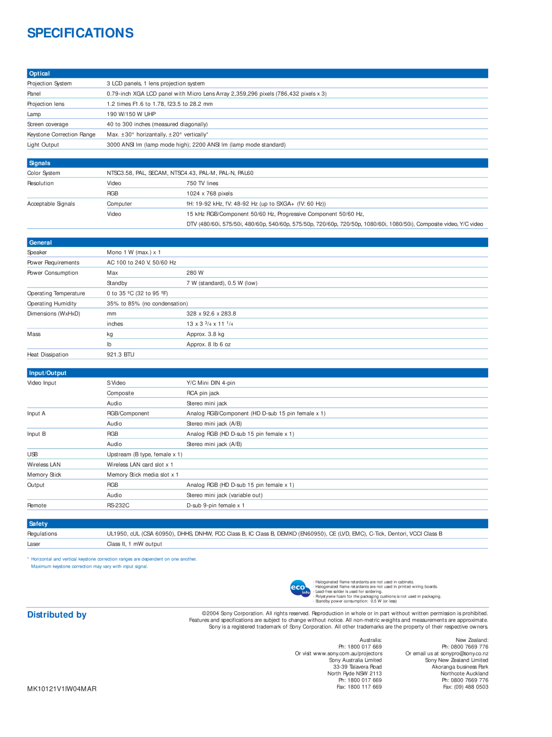 Sony VPL-CX85 manual Specifications 