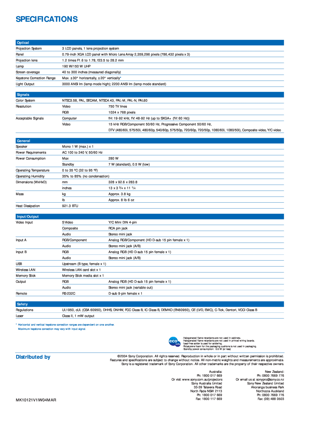 Sony VPL-CX85 manual Specifications, Distributed by, Optical, Signals, General, Input/Output, Safety 
