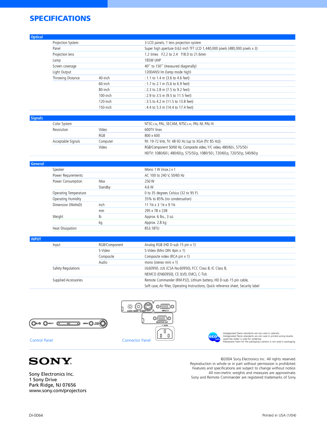 Sony VPL-DS100 manual Specifications, Optical, Signals, General 