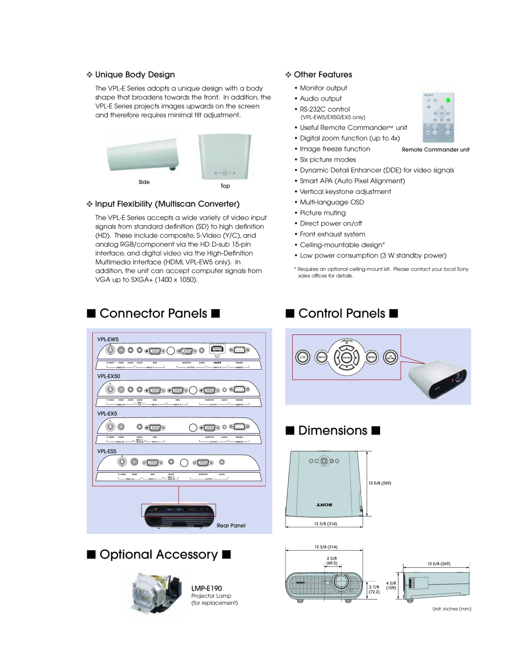 Sony VPL-EW5, VPL-ES5, VPL-EX50 manual Connector Panels, Control Panels Dimensions, Optional Accessory 