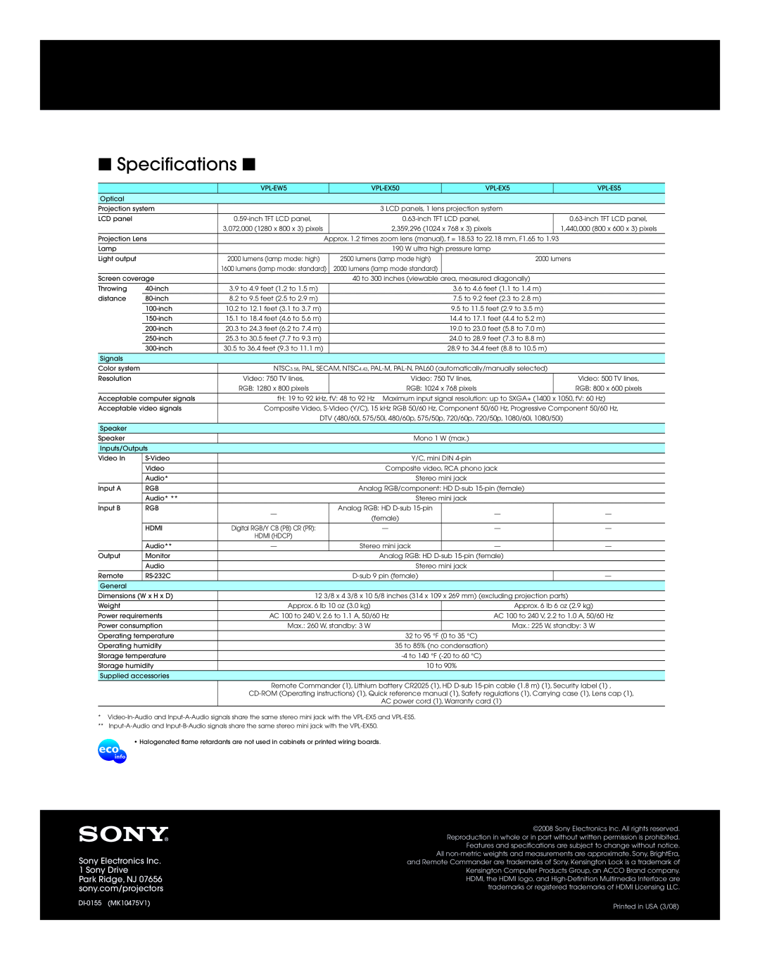 Sony VPL-ES5, VPL-EX50 manual Specifications, Sony Electronics Inc. 1 Sony Drive, Park Ridge, NJ 07656 sony.com/projectors 
