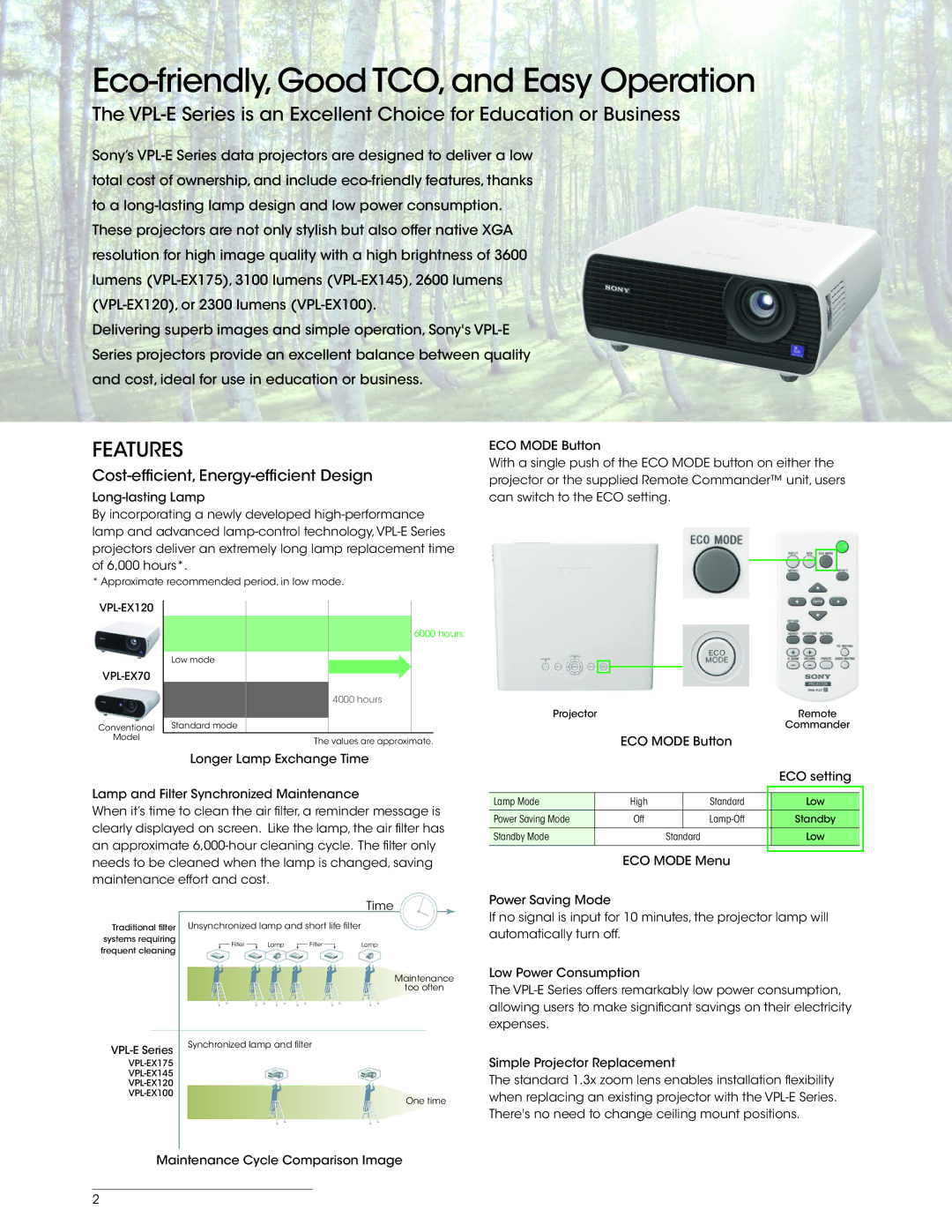 Sony VPL-EX100, VPL-EX120, VPL-EX145 manual Features, Cost-effi cient, Energy-effi cient Design 