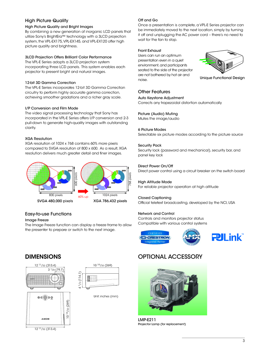 Sony VPL-EX120, VPL-EX145 manual Dimensions Optional Accessory, High Picture Quality, Other Features, Easy-to-use Functions 