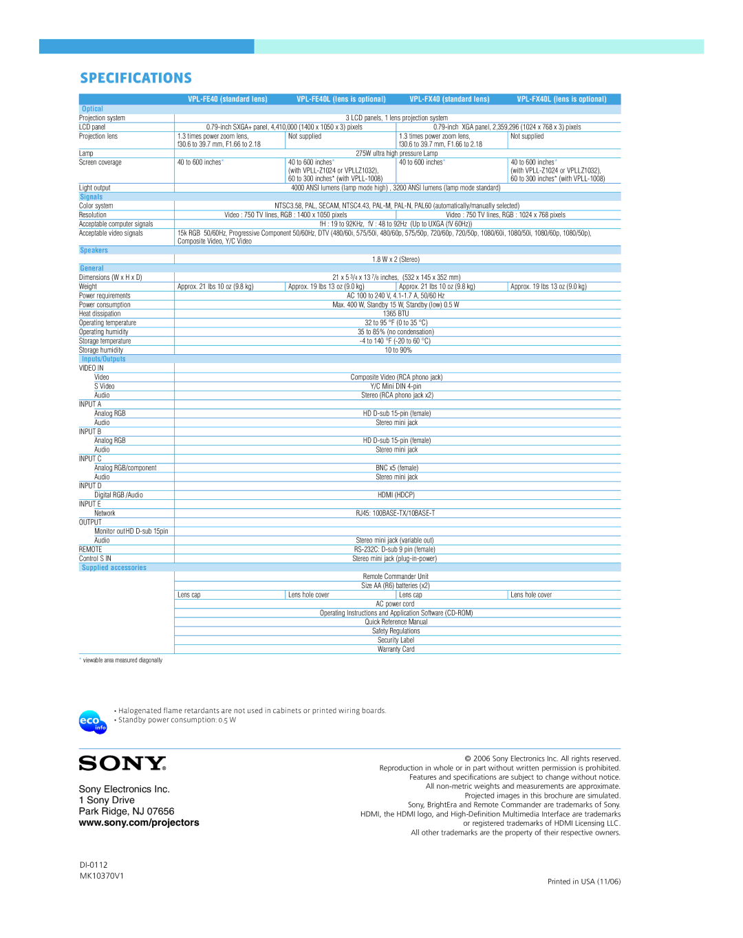 Sony VPL-FE40 VPL-FE40L VPL-FX40 VPL-FX40L manual Specifications 