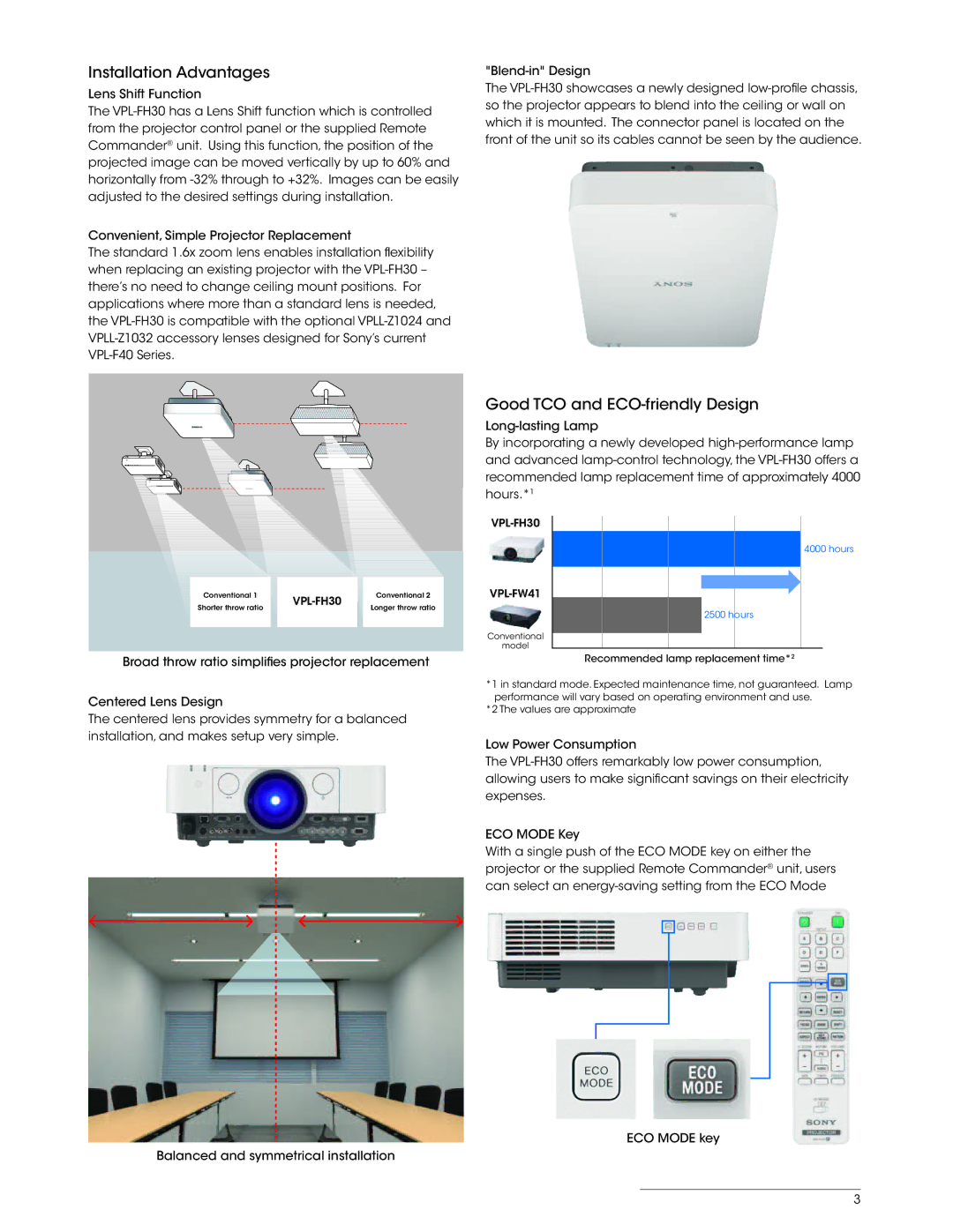 Sony Installation Advantages, Good TCO and ECO-friendly Design, VPL-FH30 VPL-FW41, Recommended lamp replacement time*2 