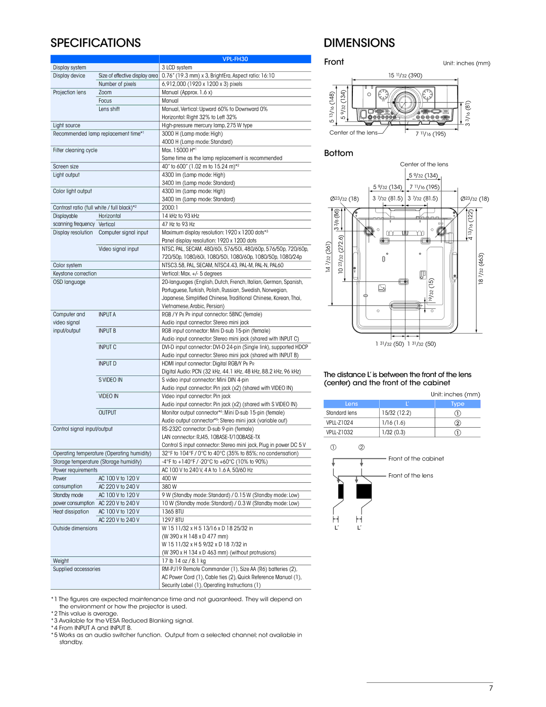 Sony VPL-FH30 manual Specifications, Dimensions, Front, Bottom 