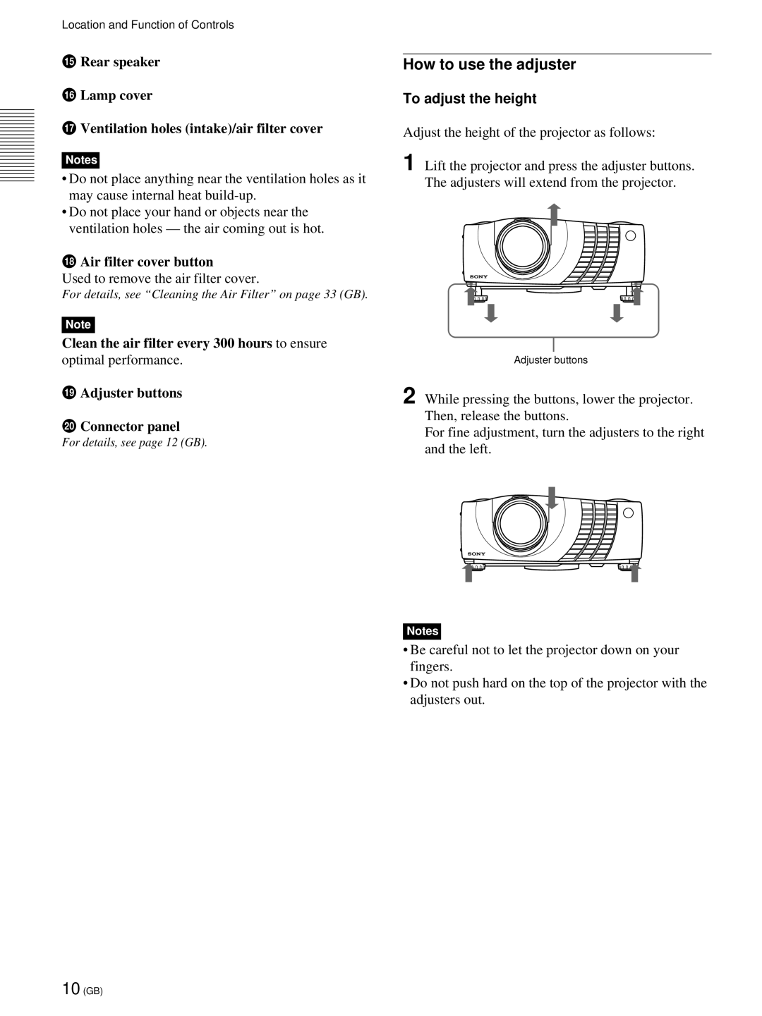 Sony VPL-PX21 How to use the adjuster, Qk Air filter cover button, Clean the air filter every 300 hours to ensure 